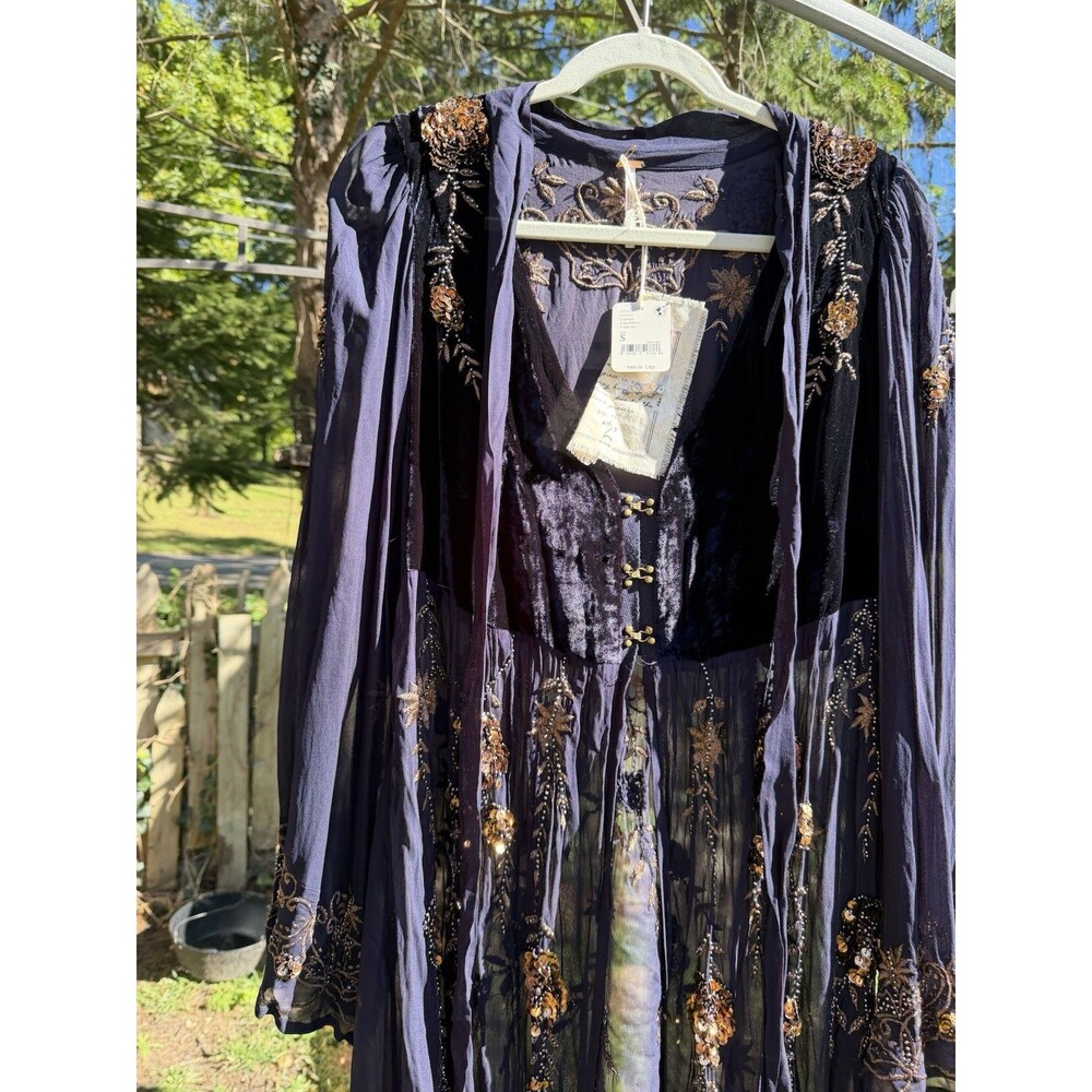 Free People Women’s S Embellished Velvet Maxi Duster Coat Boho Sequin NWT $800 - Picture 2 of 16